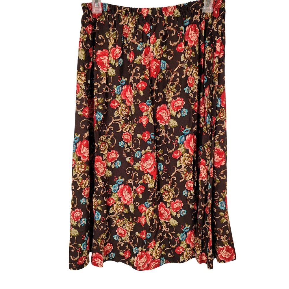 V.I.P. Floral Rose Print Midi Skirt Brown Red Rayon Elastic Waist 1X Made in USA